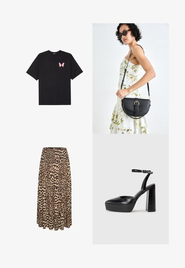 Crna pamučna majica s kratkim rukavima, s malim grafičkim prikazom ružičaste vjetricaste s desne strane na prsima. Dizajn s okruglim izrezom i opuštenim krojem.; Maxi suknja s uzorkom leoparda, smućkanim strukom i višeslojnim volanom, u nijansama bež, smeđe i crne boje, izrađena od mekog materijala.; Crne platforme s potpeticom s oštrim vrhom i podešivom naramenicom. Izrađene od glatke kože, s masivnom blok petom.; Crna kožna torba s lukovitim oblikom, odvojivim remenom i zlatnim detaljima. Torba ima preklop s kopčom.