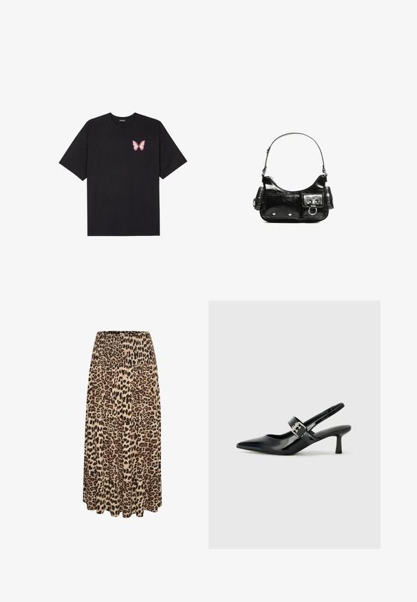 Black cotton t-shirt with short sleeves, featuring a small pink butterfly graphic on the left chest. Crew neck design with a relaxed fit.; Leopard print maxi skirt with a smocked waistband and tiered ruffle hem, featuring shades of beige, brown, and black in a soft fabric.; Black patent leather slingback heels with a pointed toe and a small block heel, featuring a silver buckle accent on the strap.; Black patent leather handbag with a curved shape, one shoulder strap, front pockets, and silver-tone hardware accents.