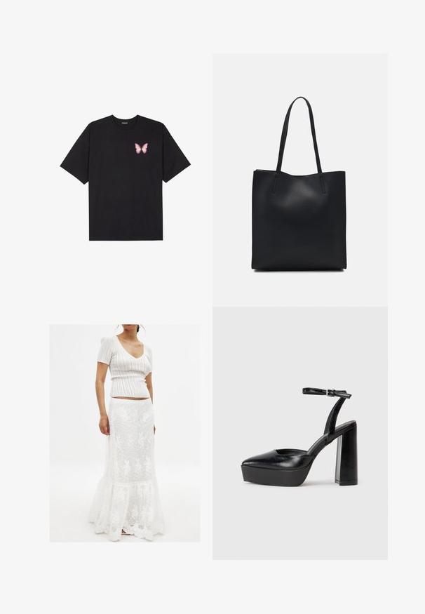 Juodas medvilnės marškinėliai trumpomis rankovėmis, su maža rožine drugelio grafika kairėje krūtinės pusėje. Apvalus kaklo iškirpimas, laisvas kirpimas.; Balta megztinė su trumpomis rankovėmis ir V formos iškirpte. Plazdanti balta sijonas su nėriniuotu uždanga, volanų kraštu ir gėlių raštu.; Juodi platforminiai aukšti kulniukai su smailiu kojų pirštu ir reguliuojamu kulkšnies dirželiu. Pagaminti iš lygaus odos, turi masyvų blokinį kulną.; Juodas odinis tote krepšys su lygia tekstūra, stačiakampio formos ir dviem ilgais rankenomis. Matomų metalinių detalių ar puošybos nėra.