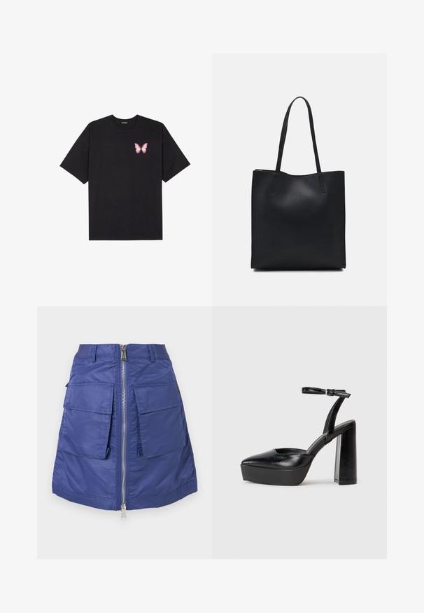 Černé bavlněné tričko s krátkým rukávem, na levém prsou s malou grafikou růžové motýlky. Design s kruhovým výstřihem a volným střihem.; Námořnická modrá sukně vyrobená z nylonu s předním zipem. Obsahuje dvě velké našité kapsy a strukturovaný siluetu. Hladká textura.; Černé platformové podpatky s špičatou špičkou a nastavitelným kotníkovým popruhem. Vyrobeny z hladké kůže, s masivním blokovým podpatkem.; Černá kožená taška přes rameno s hladkým povrchem, obdélníkovým tvarem a dvěma dlouhými uchy. Žádné viditelné kování ani ozdoby.