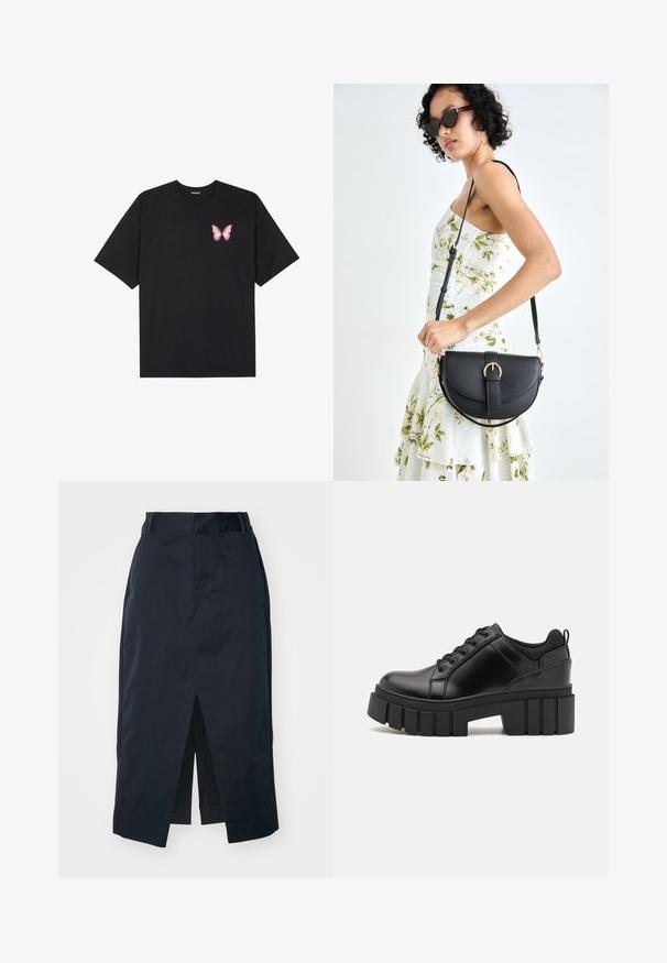 Fekete pamut póló rövid ujjakkal, bal mellkason egy kis rózsaszín pillangó grafikával. Kerek nyakú kialakítás, laza fazonnal.; Sötét tengerészkék midi szoknya pamut keverék anyagból, elülső hasítékkal, elrejtett cipzárral és oldalsó zsebekkel a funkcionalitás érdekében.; Fekete bőr platform cipők vaskos blokk sarkakkal, kerek orral és hagyományos fűzős kialakítással. Simára csiszolt felület és minimális részletezés jellemzi.; Fekete bőrtáska ívelt formával, levehető pánttal és arany színű fémrészekkel. A táskán egy csattal díszített fedél található.