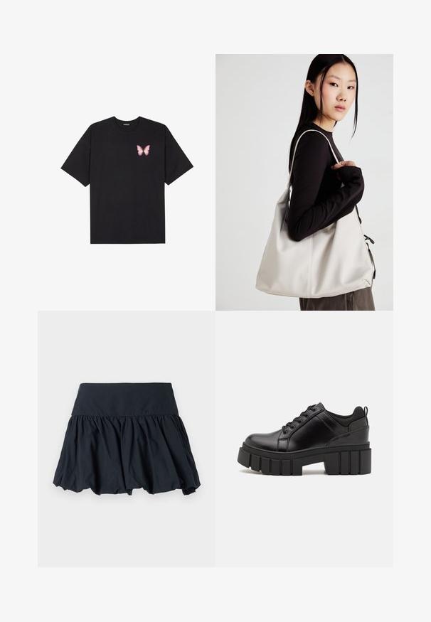 Camiseta de algodón negra de manga corta, con un pequeño gráfico de mariposa rosa en el lado izquierdo del pecho. Diseño de cuello redondo con un corte relajado.; Falda negra acampanada hecha de un tejido ligero, con una cinturilla amplia y pliegues recogidos para un efecto de capas.; Zapatos de plataforma de cuero negro con un tacón cuadrado grueso, punta redonda y diseño tradicional de cordones. Presenta una textura suave y un detalle minimalista.; Bolso de mano beige hecho de material suave, con un diseño holgado, detalles cosidos y dos asas. Adecuado para uso diario.