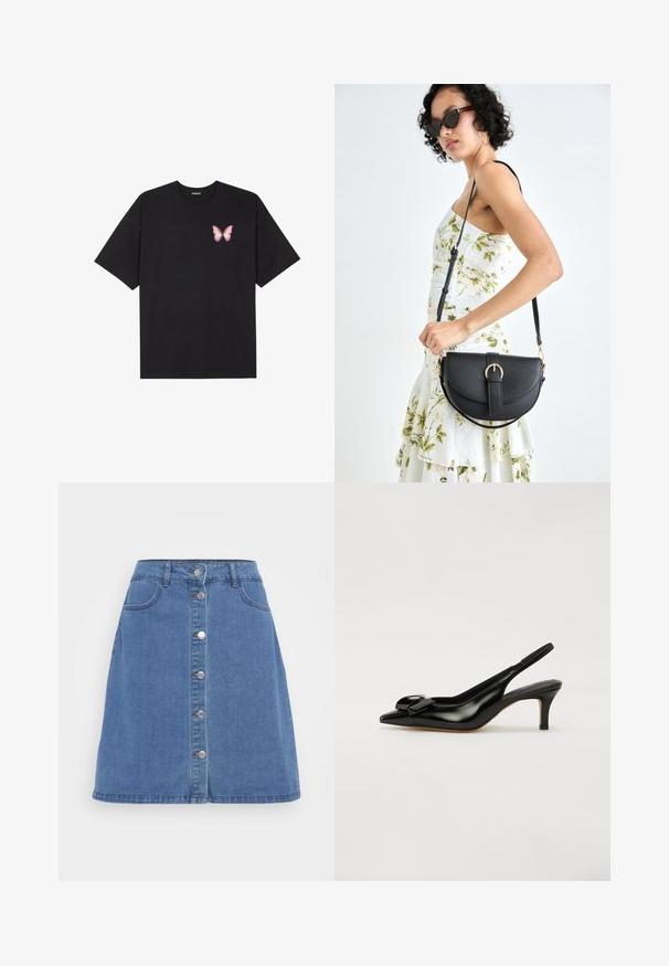Tricou negru din bumbac cu mâneci scurte, având pe partea stângă a pieptului un mic grafic cu un fluture roz. Design cu guler rotund și croială lejeră.; Fustă tip A din denim, de culoare albastru deschis, cu închidere frontală cu nasturi, două buzunare și margine brută. Design clasic cu cinci buzunare.; Pantofii slingback din piele veritabilă neagră cu vârf ascuțit, tocul mic și un accent proeminent sub formă de fundă pe parte superioară. Textură netedă și design elegant.; Geantă din piele neagră, cu o formă curbată, curea detașabilă și accesorii aurii. Geanta are un capac cu un detaliu tip cataramă.