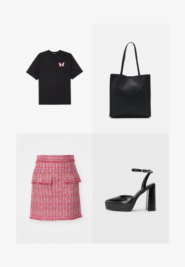 Must muströöpidega must puuvillane T-särk, vasakul rinnal on väike roosa liblikas. Ümar kaelus ja vabalt istuv lõige.; Roosa tweed seelik, millel on tekstuuriga kude, kaks esist taskut friteeritud servadega ja peen metalline aksent.; Mustad platvormi kontsad terava ninaga ja reguleeritava pahkluuraamiga. Valmistatud siledast nahast, funktsioneerib massiivse plokknäheeliga.; Mustast nahast kott sujuva tekstuuriga, ristkülikukujuline ja kahe pika sangaga. Pole nähtavat riistvara ega kaunistusi.