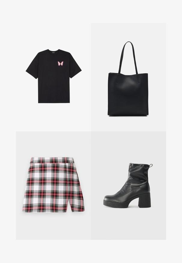 Black cotton t-shirt with short sleeves, featuring a small pink butterfly graphic on the left chest. Crew neck design with a relaxed fit.; Plaid mini skirt in white, red, and black featuring a side slit, flat waistband, and lightweight fabric. The design includes horizontal and vertical lines.; Black ankle boots made of smooth leather, featuring a side zipper, chunky textured heel, and rounded toe design.; Black leather tote bag with smooth texture, rectangular shape, and two long handles. No visible hardware or embellishments.