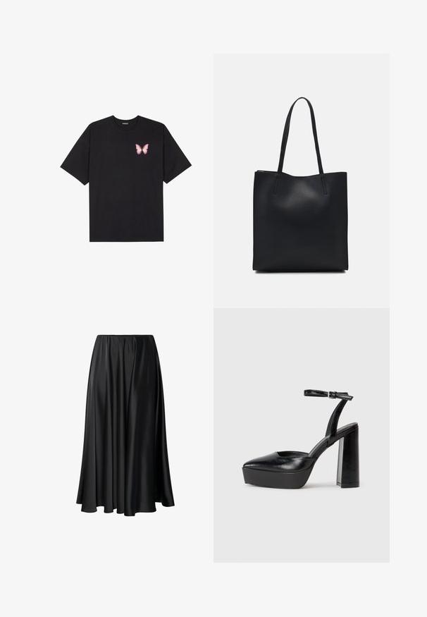 Čierne bavlnené tričko s krátkymi rukávmi, s malým ružovým motýlikom na ľavej hrudi. Design s okrúhlym výstrihom a uvoľneným strihom.; Čierna maxi sukňa vyrobená z hladkej tkaniny, s elastickým pásom, plným siluetom a splývavým lemom bez viditeľných vzorov alebo detailov.; Čierne platformové podpätky so špicatou špičkou a nastaviteľným členkovým remienkom. Vyrobené z hladkej kože a so robustným blokovým podpätkom.; Čierna kožená taška na rameno s hladkým povrchom, obdĺžnikovým tvarom a dvoma dlhými uchami. Bez viditeľného kovania alebo ozdôb.