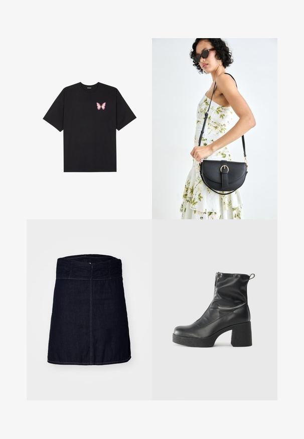 Crna pamučna majica s kratkim rukavima, s malim grafičkim prikazom ružičaste vjetricaste s desne strane na prsima. Dizajn s okruglim izrezom i opuštenim krojem.; Traper suknja u tamnoplavoj boji s elastičnim pojasom, ravnog kroja i kontrastnim šavovima duž rubova i šavova.; Crne gležnjače od glatke kože, s bočnim zatvaračem, debelim teksturiranim potplatom i dizajnom s zaobljenim prstima.; Crna kožna torba s lukovitim oblikom, odvojivim remenom i zlatnim detaljima. Torba ima preklop s kopčom.