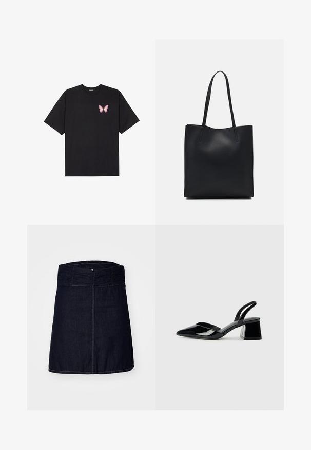 T-shirt en coton noir à manches courtes, avec un petit graphique de papillon rose sur la poitrine gauche. Modèle à col rond avec une coupe décontractée.; Jupe en denim indigo foncé avec une taille élastique froncée, coupe droite et coutures contrastées le long de l'ourlet et des coutures.; Escarpins en cuir verni noir avec bout pointu et talon bloc géométrique. Présente un design élégant et minimaliste ainsi qu'une texture lisse.; Sac fourre-tout en cuir noir avec une texture lisse, de forme rectangulaire et deux longues poignées. Pas de matériel ou d'ornementations visibles.