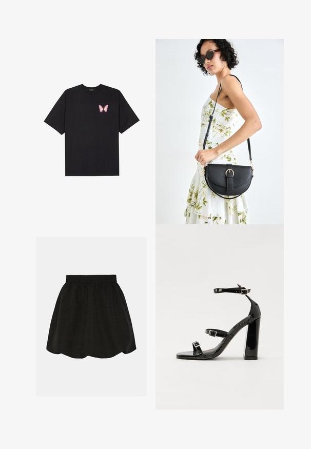 Melna kokvilnas T-krekls ar īsām piedurknēm, kuram priekšā kreisajā pusē ir neliels rozā tauriņa grafiskais attēls. Ar apaļu kaklu un brīvā stila piegriezumu.; Melnas slidu svārki ar elastīgu jostasvietu, izgatavoti no teksturēta auduma. Ir izplestā dizaina un sasniedz virs ceļgaliem.; Melni lakoti augstpapēžu sandales ar divām sprādzēm, kvadrātveida purngalu un masīvu papēdi, ar gludu, spīdīgu virsmu.; Melnas ādas rokassoma ar izliekta formu, noņemamu siksnu un zelta aksesuāriem. Somai ir vāciņš ar sprādzes detaļu.