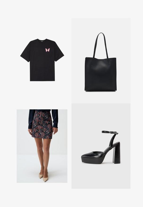 Schwarzes Baumwoll-T-Shirt mit kurzen Ärmeln, das ein kleines pinkes Schmetterlingsmotiv auf der linken Brust zeigt. Crewneck-Design mit einem entspannten Schnitt.; Minirock mit Blumenmuster in Marineblau mit roten und lila Akzenten, aus strukturiertem Stoff gefertigt. Kombiniert mit nude-farbigen, spitzen High Heels.; Schwarze Plateau-High Heels mit spitzem Zeh und verstellbarem Knöchelriemen. Gefertigt aus glattem Leder und mit einem klobigen Blockabsatz.; Schwarze Laptoptasche aus Leder mit glatter Textur, rechteckiger Form und zwei langen Griffen. Keine sichtbaren Beschläge oder Verzierungen.