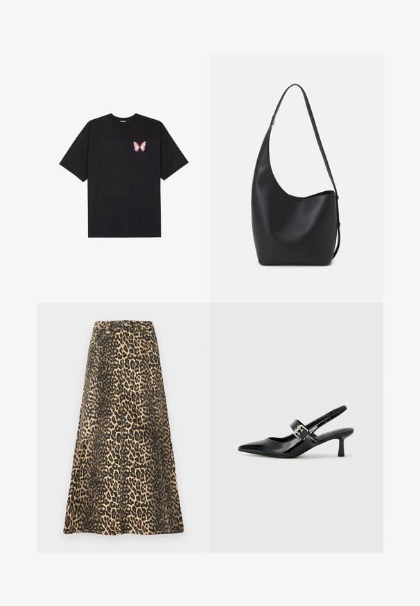 Fekete pamut póló rövid ujjakkal, bal mellkason egy kis rózsaszín pillangó grafikával. Kerek nyakú kialakítás, laza fazonnal.; Tigrismintás midi szoknya bézs és fekete színben, tartós anyagból készült. Kihangsúlyozott derékkal és gombokkal rendelkezik, valamint bókoló sziluettel bír.; Fekete lakkbőr slingback sarkú cipők hegyes orral és kis blokk talppal, ezüst csat díszítéssel a pánton.; Fekete bőr hobo táska sima textúrával, ívelt formával és egyetlen állítható pánttal; széles nyílás található a tetején.