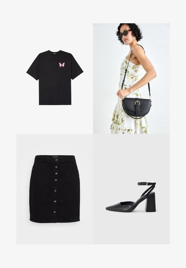 Svart bomulls T-skjorte med korte ermer, med en liten rosa sommerfugl grafikk på venstre bryst. Crew-neck design med en avslappet passform.; Svart jeansskjørt med høy midje, frontknapplukking, to sidelommer og rett snitt. Glatt tekstur uten mønster.; Svart lær pumps med spiss tå, ankelrem og kraftig hæl. Flat tekstur, strømlinjeformet design og minimalisme.; Svart lærveske med en buet form, avtagbar stropp og gullbeslag. Vesken har et klaff med spenne-detall.