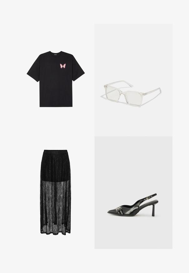 T-shirt en coton noir à manches courtes, avec un petit graphique de papillon rose sur la poitrine gauche. Modèle à col rond avec une coupe décontractée.; Jupe maxi en dentelle noire avec une superposition transparente, dotée d'un motif floral et d'une taille élastique pour le confort. Silhouette longue et fluide.; Chaussure slingback en cuir verni noir avec un embout pointu, des brides de cheville avec des boucles en argent et des éléments en métal, et un talon fin.; Lunettes carrées en plastique transparent avec des verres translucides, dotées d'accents dorés sur les branches pour plus de détails.; Sac à main beige en matériau souple, avec un design décontracté, des détails cousus et deux poignées. Idéal pour un usage quotidien.