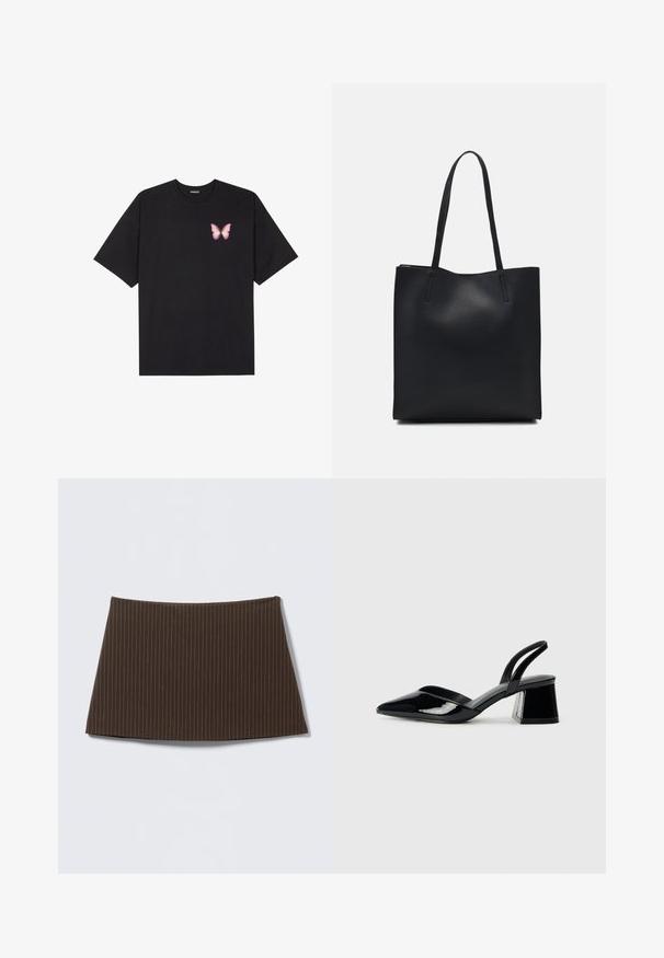 Čierne bavlnené tričko s krátkymi rukávmi, s malým ružovým motýlikom na ľavej hrudi. Design s okrúhlym výstrihom a uvoľneným strihom.; Hnedá sukňa s tenkými pásikmi, priliehavého strihu, hladkého materiálu a rozšíreným lemom, ideálna pre elegantný vzhľad.; Čierne lakované kožené sandálové podpätky s špicatou špičkou a geometrickým blokovým podpätkom. Disponujú elegantným, minimalistickým dizajnom a hladkým povrchom.; Čierna kožená taška na rameno s hladkým povrchom, obdĺžnikovým tvarom a dvoma dlhými uchami. Bez viditeľného kovania alebo ozdôb.