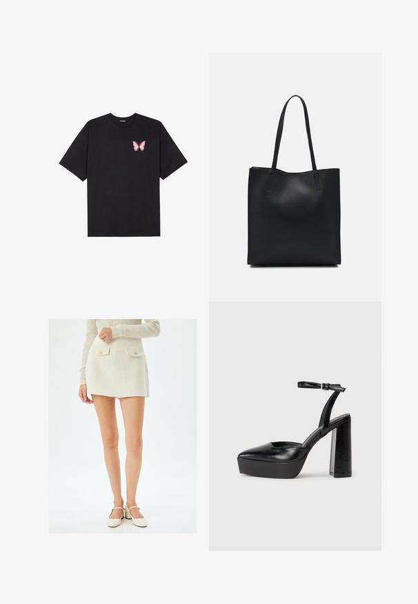 Sort bomulds T-shirt med korte ærmer, prydet med en lille pink sommerfugl grafik på venstre bryst. Rund hals design med en afslappet pasform.; Hvid tekstureret miniskørt med to frontlommer og guldknapper, parret med cremefarvede højhælede sko. Skørtet har en lige snit.; Sorte platformhæle med spidse tæer og justerbar ankelrem. Construeret i glat læder, med en kraftig blokhæl.; Sort læder tote taske med glat tekstur, rektangulær form og to lange hanke. Ingen synlig hardware eller udsmykninger.