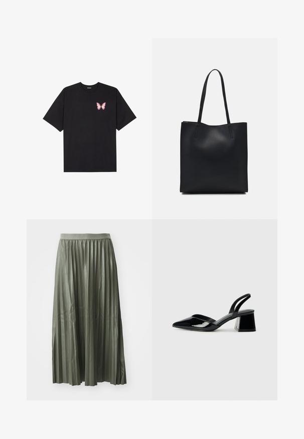 Tricou negru din bumbac cu mâneci scurte, având pe partea stângă a pieptului un mic grafic cu un fluture roz. Design cu guler rotund și croială lejeră.; Fustă midi plisată în verde închis, realizată dintr-un material glossy. Prezintă un elastic în talie și se termină la jumătatea gambei, cu pliii verticale dispuse uniform.; Pantofi cu toc slingback din piele lacuită neagră, cu vârf ascuțit și toc geometric. Prezintă un design elegant, minimalist și o textură netedă.; Geantă tote neagră din piele, cu textură netedă, formă rectangulară și două mânere lungi. Fără hardware vizibil sau ornamente.