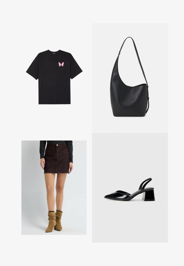 Schwarzes Baumwoll-T-Shirt mit kurzen Ärmeln, das ein kleines pinkes Schmetterlingsmotiv auf der linken Brust zeigt. Crewneck-Design mit einem entspannten Schnitt.; Frau trägt einen dunkelbraunen Cord-Minirock, ein schwarzes Langarmoberteil und hellbraune Wildleder-Stiefeletten mit Absatz.; Schwarze Lackleder-Slingback-High Heels mit spitzem Schuh und einem geometrischen Blockabsatz. Verfügt über ein schlankes, minimalistisches Design und eine glatte Textur.; Schwarze Leder-Hobo-Tasche mit einer glatten Textur, geschwungener Form und einem einzelnen verstellbaren Tragegurt; verfügt über eine weite Öffnung am oberen Ende.