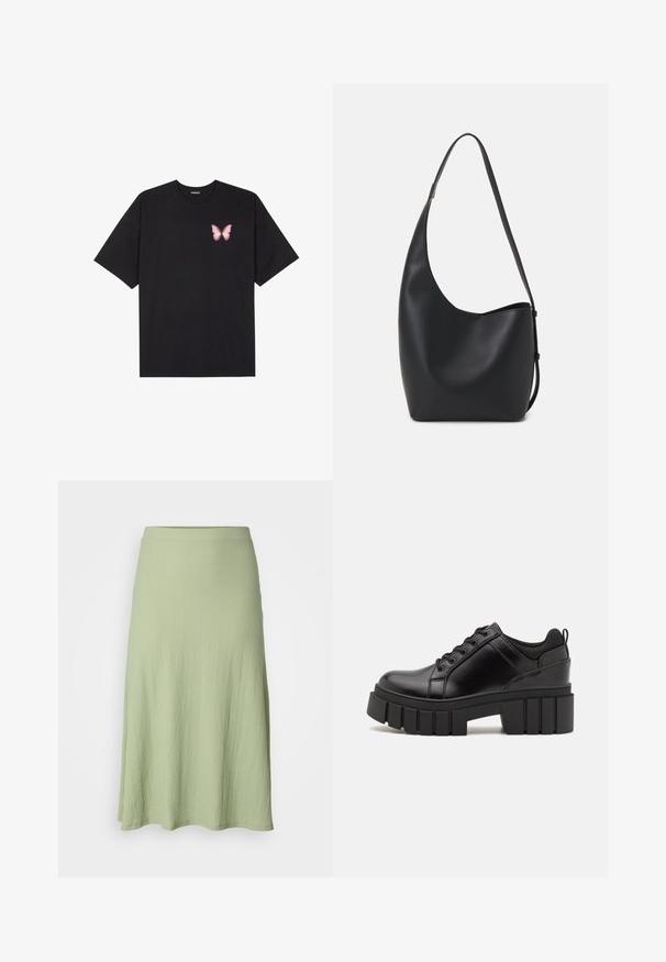 Black cotton t-shirt with short sleeves, featuring a small pink butterfly graphic on the left chest. Crew neck design with a relaxed fit.; Light green, knee-length skirt made of textured fabric, featuring a smooth waistband and a slightly flared silhouette. No patterns or accents.; Black leather platform shoes with a chunky block heel, round toe, and traditional lace-up design. Features smooth texture and minimal detailing.; Black leather hobo bag with a smooth texture, curved shape, and single adjustable strap; features a wide opening at the top.