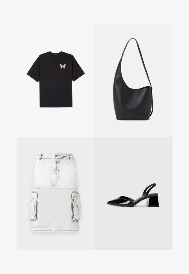 Camiseta de algodón negra de manga corta, con un pequeño gráfico de mariposa rosa en el lado izquierdo del pecho. Diseño de cuello redondo con un corte relajado.; Falda de mezclilla en gris claro con cintura alta, botones en la parte delantera y dos bolsillos laterales tipo cargo. Textura de tela ligeramente desgastada.; Zapatos de tacón slingback de charol negro con punta afilada y tacón geométrico en bloque. Presentan un diseño elegante y minimalista, así como una textura suave.; Bolso tipo hobo de cuero negro con una textura suave, forma curvada y una sola correa ajustable; presenta una amplia apertura en la parte superior.