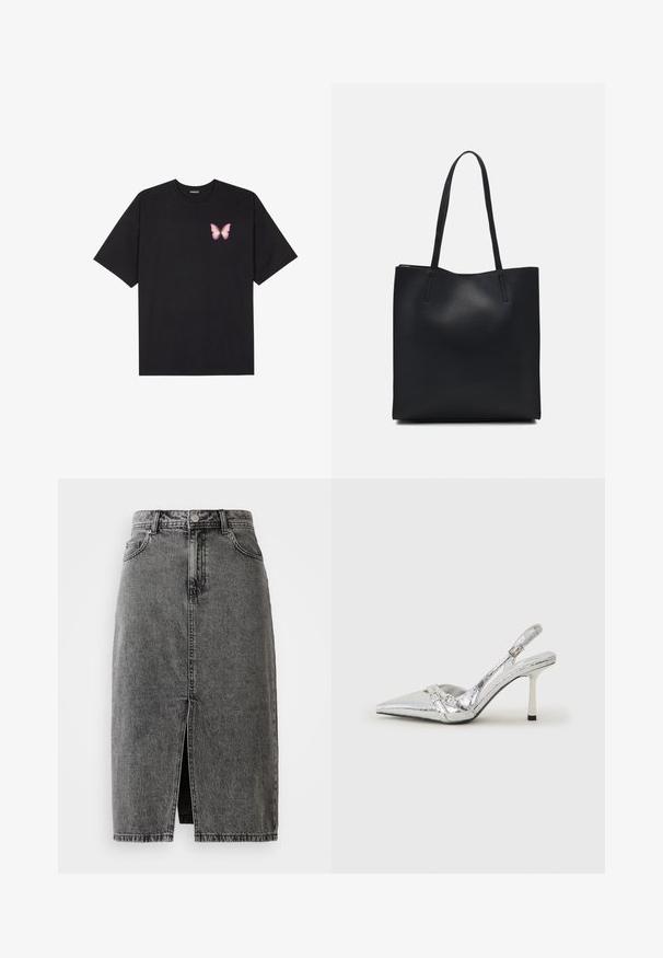 Černé bavlněné tričko s krátkým rukávem, na levém prsou s malou grafikou růžové motýlky. Design s kruhovým výstřihem a volným střihem.; Vysoký pas, vybledlá černá džínsová midi sukně s předním rozparkem, poutky na pásek a klasickým pětikapsovým designem.; Stříbrná slingback vysoká podpatková bota s špičatou špičkou, metalickým povrchem, dvěma Dekorativními pásky a štíhlým podpatkem s černým hrotem.; Černá kožená taška přes rameno s hladkým povrchem, obdélníkovým tvarem a dvěma dlouhými uchy. Žádné viditelné kování ani ozdoby.