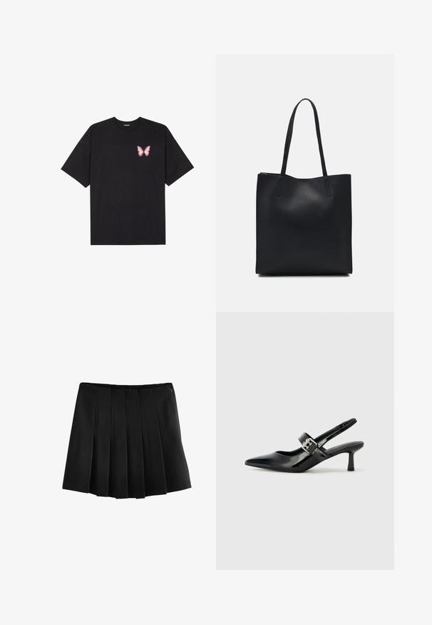 Czarny bawełniany t-shirt z krótkim rękawem, z małym różowym motylkiem na lewej piersi. Klasyczny dekolt z luźnym fasonem.; Next PONTE czarny; Czarne lakierowane szpilki slingback z wąskim noskiem i małym słupkiem, z ozdobnym srebrnym klamrą na pasku.; Czarna skórzana torba tote o gładkiej fakturze, prostokątnym kształcie i dwóch długich uchwytach. Brak widocznych elementów metalowych i ozdób.