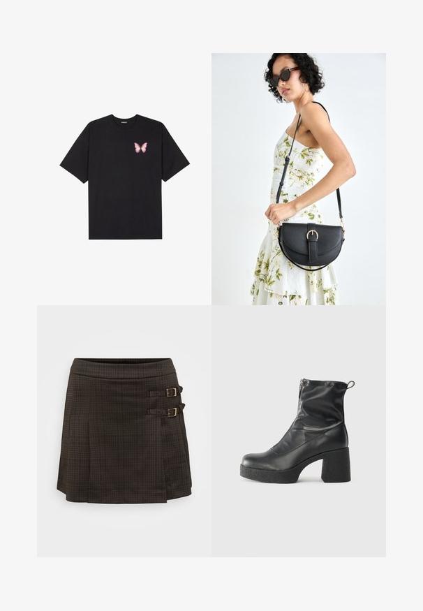 Melna kokvilnas T-krekls ar īsām piedurknēm, kuram priekšā kreisajā pusē ir neliels rozā tauriņa grafiskais attēls. Ar apaļu kaklu un brīvā stila piegriezumu.; Tumšs rūtainais svārki, A formas, ar diviem sānu sprādzēm zelta tonī. Izgatavoti no tekstūrētas auduma ar maigu rūtiņu rakstu.; Melni potītes zābaki, kas izgatavoti no gludas ādas, ar sānu rāvējslēdzēju, masīvu strukturētu papēdi un noapaļotu purngalu.; Melnas ādas rokassoma ar izliekta formu, noņemamu siksnu un zelta aksesuāriem. Somai ir vāciņš ar sprādzes detaļu.