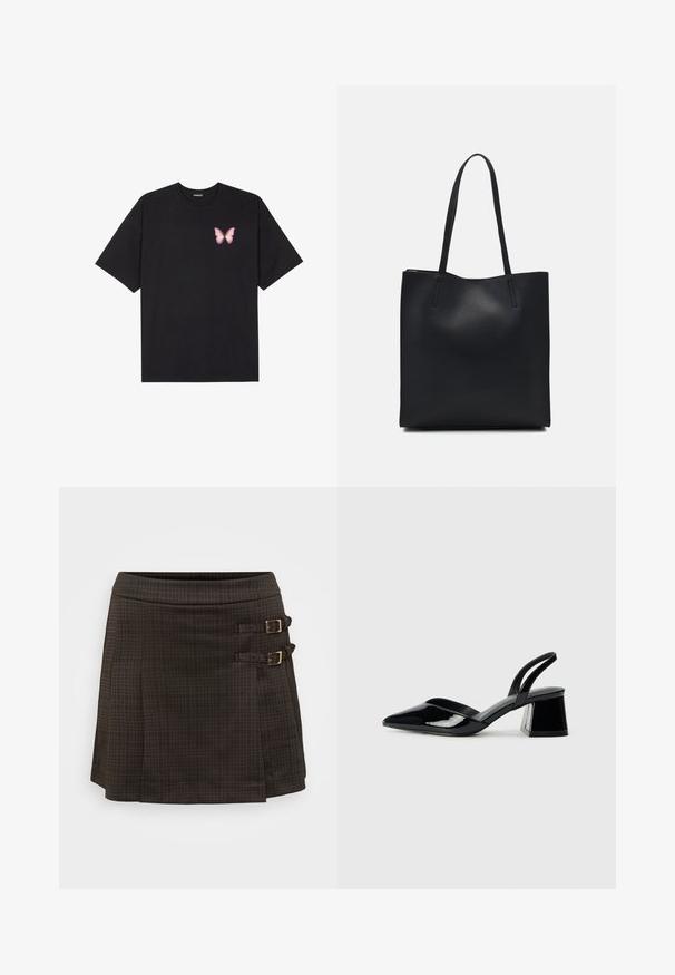 Fekete pamut póló rövid ujjakkal, bal mellkason egy kis rózsaszín pillangó grafikával. Kerek nyakú kialakítás, laza fazonnal.; Sötét kockás szoknya, A-vonalú fazonnal, aranyszínű csattokkal mindkét oldalon. Texturált anyagból készült, finom kockás mintával.; Fekete lakk bőr szandálkés magas sarkú cipő, hegyes orral és geometrikus tömbsarkakkal. Karcsú, minimalista dizájn és sima textúra jellemzi.; Fekete bőrtáska sima felszínnel, téglalap alakú, két hosszú füllel. Nincs látható fémkiegészítő vagy díszítés.