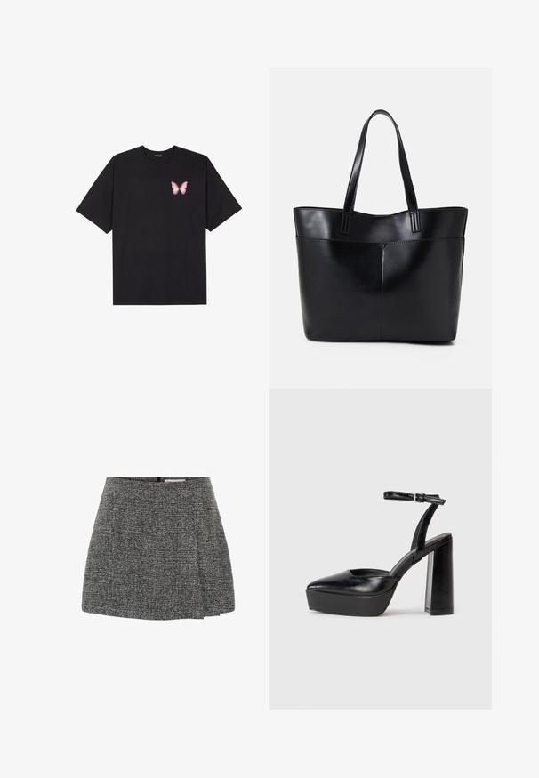 T-shirt en coton noir à manches courtes, avec un petit graphique de papillon rose sur la poitrine gauche. Modèle à col rond avec une coupe décontractée.; Jupe grise texturée avec un design plissé, munie d'une fermeture éclair à l'arrière. Le matériau présente un motif tissé, créant un léger effet de profondeur.; Escarpins noirs à plateforme avec un bout pointu et une sangle réglable à la cheville. Conçus en cuir lisse, avec un large talon bloc.; Sac fourre-tout en cuir noir avec deux longues poignées, une texture lisse et une forme structurée. Dispose d'une poche avant pour un rangement supplémentaire.