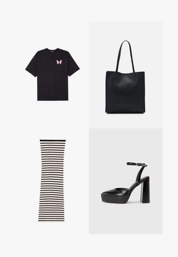 T-shirt en coton noir à manches courtes, avec un petit graphique de papillon rose sur la poitrine gauche. Modèle à col rond avec une coupe décontractée.; Robe côtelée à rayures noires et blanches avec une coupe ajustée, présentant des rayures horizontales et un col noir uni.; Escarpins noirs à plateforme avec un bout pointu et une sangle réglable à la cheville. Conçus en cuir lisse, avec un large talon bloc.; Sac fourre-tout en cuir noir avec une texture lisse, de forme rectangulaire et deux longues poignées. Pas de matériel ou d'ornementations visibles.
