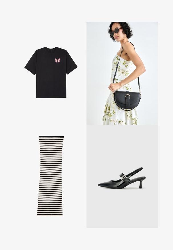 T-shirt nera in cotone con maniche corte, caratterizzata da una piccola grafica di una farfalla rosa sul lato sinistro del petto. Design a girocollo con una vestibilità rilassata.; Abito a righe bianche e nere a coste, con una forma aderente, caratterizzato da righe orizzontali e un colletto nero a tinta unita.; Décolleté neri in vernice con punta affilata e tacco a blocco piccolo, dotati di un accentuato con fibbia argentata sulla cinturino.; Borsa a tracolla nera in pelle con una forma curva, manico rimovibile e accessori dorati. La borsa presenta una patta con un dettaglio a fibbia.