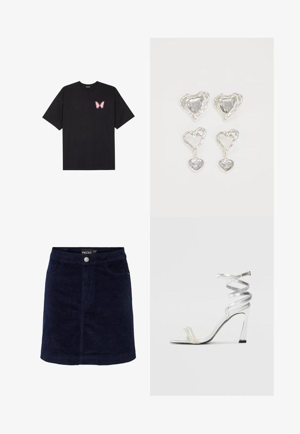 Fekete pamut póló rövid ujjakkal, bal mellkason egy kis rózsaszín pillangó grafikával. Kerek nyakú kialakítás, laza fazonnal.; Sötétkék kordbársony mini szoknya enyhén A-vonalú fazonnal, elöl gombos záródással és két elülső zsebbel. Simább tapintású, látható bordákkal.; Ezüst színű, magas sarkú szandál, csillogó pánt dizájnnal, gyöngyszerű díszítéssel és spirális bokapánttal a biztos illeszkedés érdekében.; Ez az ezüst szív alakú fülbevaló sima, átlátszó kövekkel rendelkezik, texturált kerettel. A készlet stud és csepp stílust is tartalmaz.