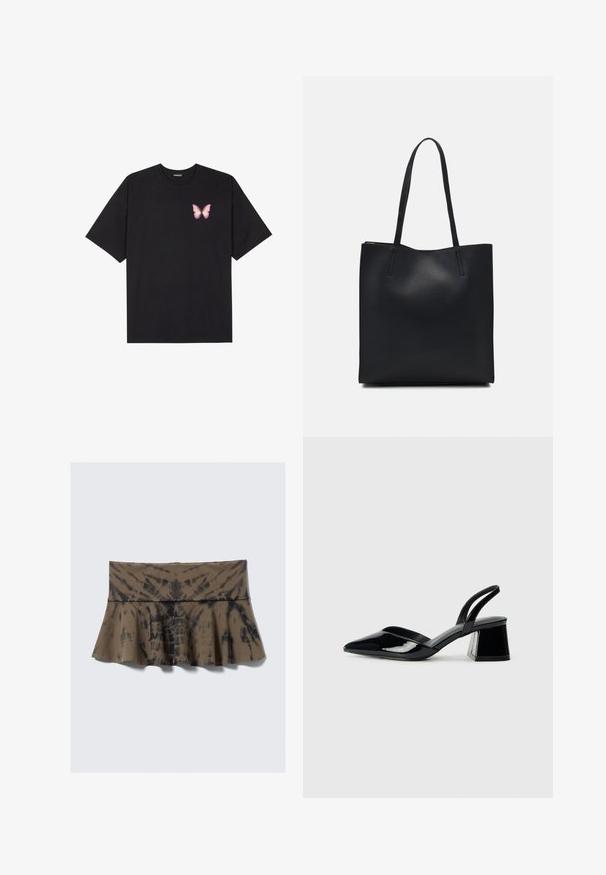 Camiseta de algodón negra de manga corta, con un pequeño gráfico de mariposa rosa en el lado izquierdo del pecho. Diseño de cuello redondo con un corte relajado.; Falda acampanada de teñido marrón con cintura ajustada, con acentos negros en un patrón en espiral. Fabricada con material suave y elástico.; Zapatos de tacón slingback de charol negro con punta afilada y tacón geométrico en bloque. Presentan un diseño elegante y minimalista, así como una textura suave.; Bolso tote de cuero negro con textura lisa, forma rectangular y dos asas largas. Sin herrajes ni adornos visibles.