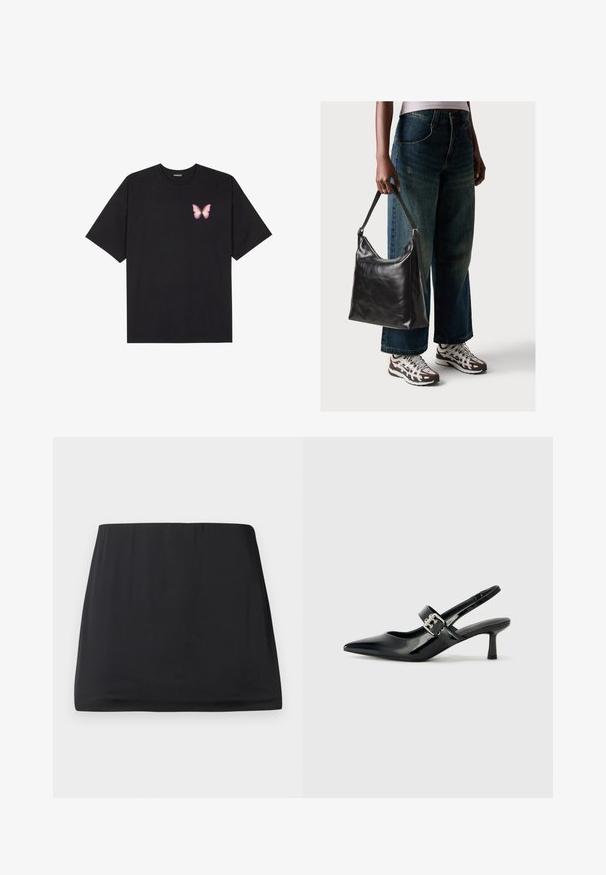 T-shirt de algodão preto com mangas curtas, apresentando um pequeno gráfico de borboleta rosa no lado esquerdo do peito. Design de gola redonda com um corte solto.; Saia mini preta feita de um tecido liso e elástico. Apresenta uma cintura elástica e um design simples e fluido. Sem padrões ou embellishments.; Saltos slingback em verniz preto com bico pontiagudo e um pequeno salto bloco, apresentando um detalhe de fivela prateada na tira.; Bolsa de ombro em couro preto com textura suave e alça ajustável, combinada com jeans de perna larga desbotados e ténis desportivos.