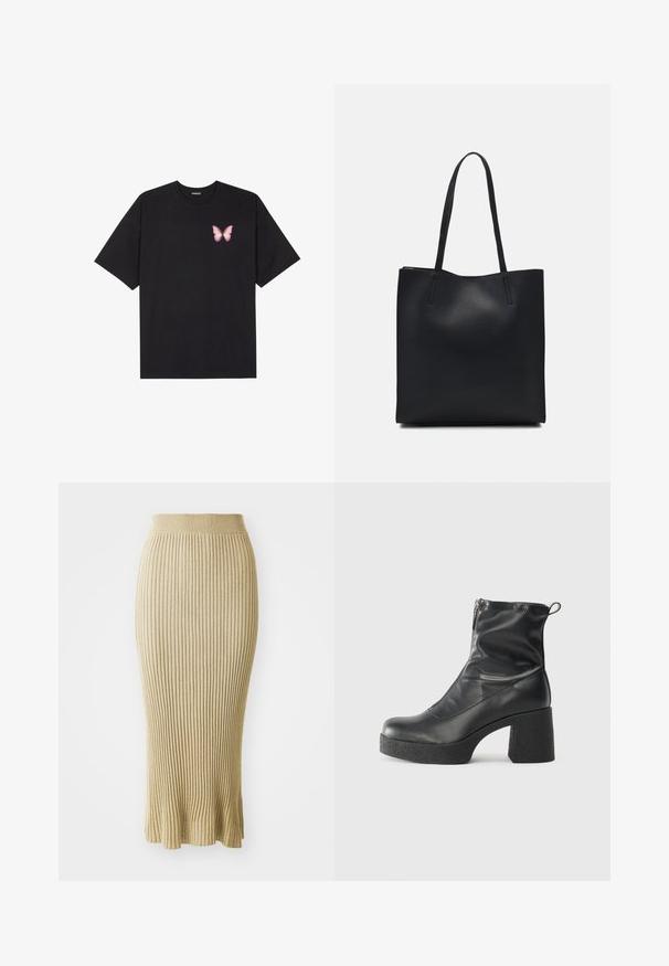Čierne bavlnené tričko s krátkymi rukávmi, s malým ružovým motýlikom na ľavej hrudi. Design s okrúhlym výstrihom a uvoľneným strihom.; Pletená ceruzková sukňa v svetlo béžovej farbe, so zvislými pruhmi, priliehavým pásom a rozšíreným lemom so subtilnými detailmi na spodku.; Čierne členkové topánky z hladkej kože, so bočným zipsom, robustnou textúrovanou pätnou časťou a zaobleným dizajnom špičky.; Čierna kožená taška na rameno s hladkým povrchom, obdĺžnikovým tvarom a dvoma dlhými uchami. Bez viditeľného kovania alebo ozdôb.