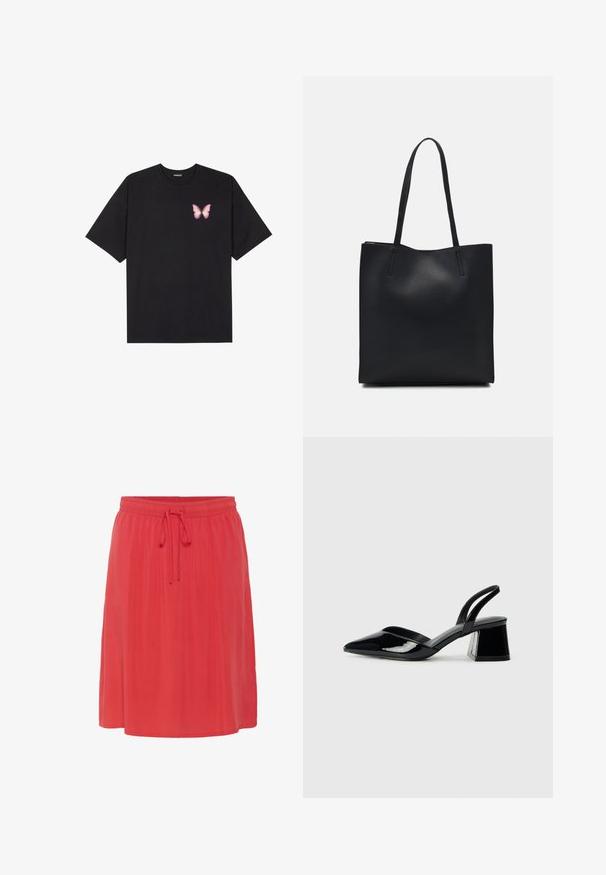 Juodas medvilnės marškinėliai trumpomis rankovėmis, su maža rožine drugelio grafika kairėje krūtinės pusėje. Apvalus kaklo iškirpimas, laisvas kirpimas.; Kelių ilgio koralinės spalvos sijonas su minkšta, plūduriuojančia tekstūra. Turi elastingą juosmenį su raišteliu, kad būtų galima reguliuoti dydį.; Juodos lakuotos odinės šlepetės su smailiu pirštu ir geometriniu bloko kulnu. Turi elegantišką, minimalistinį dizainą ir lygų paviršių.; Juodas odinis tote krepšys su lygia tekstūra, stačiakampio formos ir dviem ilgais rankenomis. Matomų metalinių detalių ar puošybos nėra.