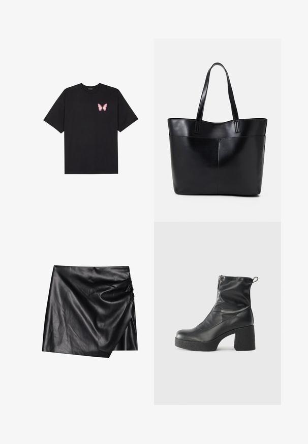 Sort bomulds T-shirt med korte ærmer, prydet med en lille pink sommerfugl grafik på venstre bryst. Rund hals design med en afslappet pasform.; Sort læder mini nederdel med en omslagdesign, der har en blød, glat tekstur og diskrete draperingsdetaljer på den ene side.; Sorte ankelstøvler lavet af glat læder, med en sidelukning, kraftig struktureret hæl og rundt tådesign.; Sort læder tote taske med to lange håndtag, en glat tekstur og en struktureret form. Har en forlommem for ekstra opbevaring.