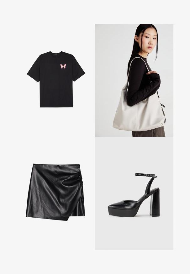 T-shirt nera in cotone con maniche corte, caratterizzata da una piccola grafica di una farfalla rosa sul lato sinistro del petto. Design a girocollo con una vestibilità rilassata.; Mini gonna nera in pelle con design avvolgente, caratterizzata da una texture morbida e liscia e dettagli di drappeggio discreti su un lato.; Tacchi a piattaforma neri con punta appuntita e cinturino regolabile alla caviglia. Realizzati in pelle liscia, presentano un tacco a blocco spesso.; Borsa a mano beige realizzata in materiale morbido, caratterizzata da un design morbido, dettagli cuciti e due manici. Adatta per l'uso quotidiano.