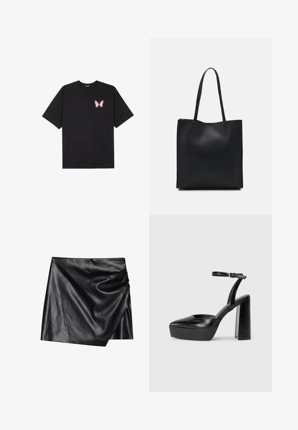 T-shirt nera in cotone con maniche corte, caratterizzata da una piccola grafica di una farfalla rosa sul lato sinistro del petto. Design a girocollo con una vestibilità rilassata.; Mini gonna nera in pelle con design avvolgente, caratterizzata da una texture morbida e liscia e dettagli di drappeggio discreti su un lato.; Tacchi a piattaforma neri con punta appuntita e cinturino regolabile alla caviglia. Realizzati in pelle liscia, presentano un tacco a blocco spesso.; Borsa tote in pelle nera con texture liscia, forma rettangolare e due manici lunghi. Nessun hardware o decorazione visibile.