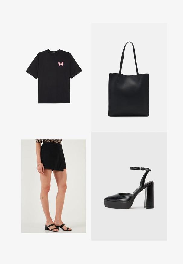 Zwarte katoenen t-shirt met korte mouwen, voorzien van een kleine roze vlinder graphic op de linkerkant van de borst. Crew neck ontwerp met een relaxte fit.; LELA Shorts - black; Zwarte plateauhakken met een puntige neus en verstelbare enkelband. Gemaakt van soepel leer, met een robuuste blokhak.; Zwarte leren handtas met een gladde textuur, rechthoekige vorm en twee lange handvaten. Geen zichtbare hardware of versieringen.