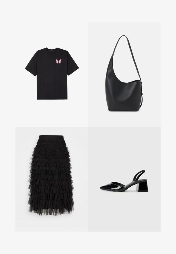 Schwarzes Baumwoll-T-Shirt mit kurzen Ärmeln, das ein kleines pinkes Schmetterlingsmotiv auf der linken Brust zeigt. Crewneck-Design mit einem entspannten Schnitt.; Schwarzer Stufenrock mit dehnbarem Taillenbund, mehreren Lagen geraffter Rüschen und einer weichen Tüllstruktur, die Volumen und Bewegung erzeugt.; Schwarze Lackleder-Slingback-High Heels mit spitzem Schuh und einem geometrischen Blockabsatz. Verfügt über ein schlankes, minimalistisches Design und eine glatte Textur.; Schwarze Leder-Hobo-Tasche mit einer glatten Textur, geschwungener Form und einem einzelnen verstellbaren Tragegurt; verfügt über eine weite Öffnung am oberen Ende.