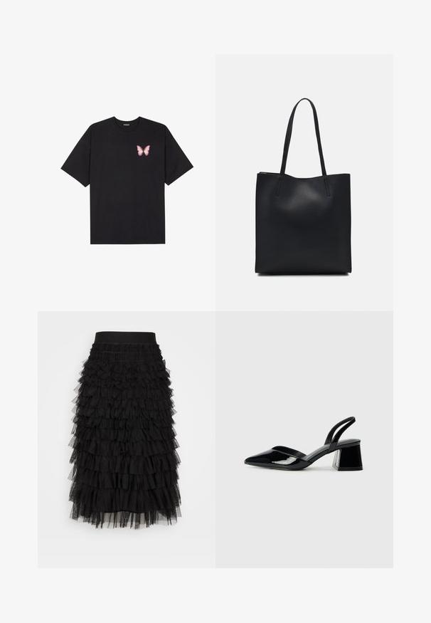 Svart bomulls T-skjorte med korte ermer, med en liten rosa sommerfugl grafikk på venstre bryst. Crew-neck design med en avslappet passform.; Svart, lagdelt skjørt med elastisk liv, flere lag av samlede volanger og en myk tylltekstur, som skaper volum og bevegelse.; Svarte patentlær slingback hæler med spiss tå og geometrisk blokk hæl. Har et stilrent, minimalistisk design og jevn tekstur.; Svart lær tote bag med glatt tekstur, rektangulær form og to lange håndtak. Ingen synlige deler eller dekorasjoner.