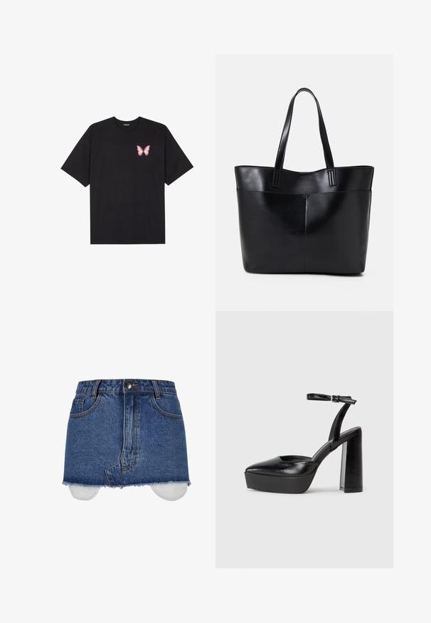 Juodas medvilnės marškinėliai trumpomis rankovėmis, su maža rožine drugelio grafika kairėje krūtinės pusėje. Apvalus kaklo iškirpimas, laisvas kirpimas.; Džinsinė sijonas, vidutinio mėlynumo spalvos, klasikinio penkių kišenių dizaino, suplėšyta apdaila, kontrastingos siūlės, metalinė mygtuko uždarymas, matoma vidinė pamušalas.; Juodi platforminiai aukšti kulniukai su smailiu kojų pirštu ir reguliuojamu kulkšnies dirželiu. Pagaminti iš lygaus odos, turi masyvų blokinį kulną.; Juoda odinė rankinė su dviem ilgais diržais, lygiu paviršiumi ir struktūrizuota forma. Yra priekinė kišenė papildomam saugojimui.