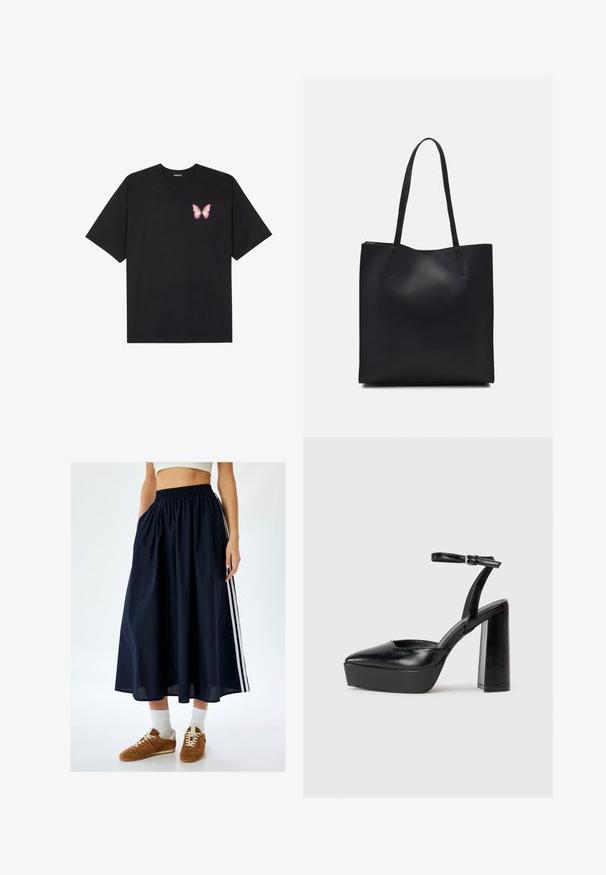 Camiseta de algodón negra de manga corta, con un pequeño gráfico de mariposa rosa en el lado izquierdo del pecho. Diseño de cuello redondo con un corte relajado.; Falda maxi navy con cintura elástica, bolsillos laterales y rayas blancas en contraste. Llevada con zapatillas marrones y calcetines blancos de caña corta.; Zapatos de tacón negro con punta afilada y correa ajustable en el tobillo. Confeccionados en cuero suave, presentan un tacón grueso.; Bolso tote de cuero negro con textura lisa, forma rectangular y dos asas largas. Sin herrajes ni adornos visibles.