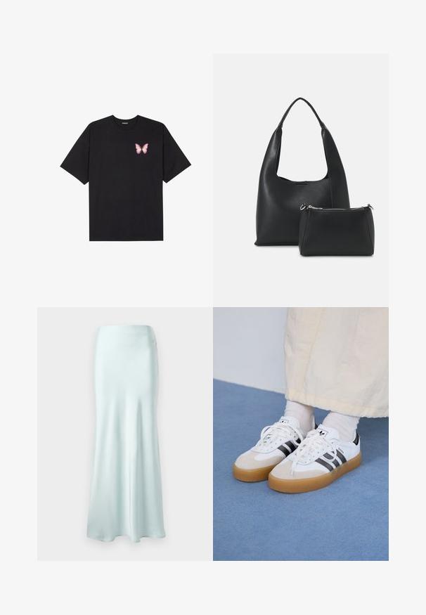 Melna kokvilnas T-krekls ar īsām piedurknēm, kuram priekšā kreisajā pusē ir neliels rozā tauriņa grafiskais attēls. Ar apaļu kaklu un brīvā stila piegriezumu.; Gaiši zils satīna maxi svārki ar gludu tekstūru, izvērstu apakšmalu un pieguļošu jostasvietu. Izstrādāts plūstošai siluetam.; Baltas sporta apavi ar melnām svītrām un beisīgo zamšādu akcentiem. Ievies struktūrētu gumijas zoli un izkārtotas baltas šnerves, valkāti ar gaišiem zeķēm.; Even&Odd Rokassoma - black