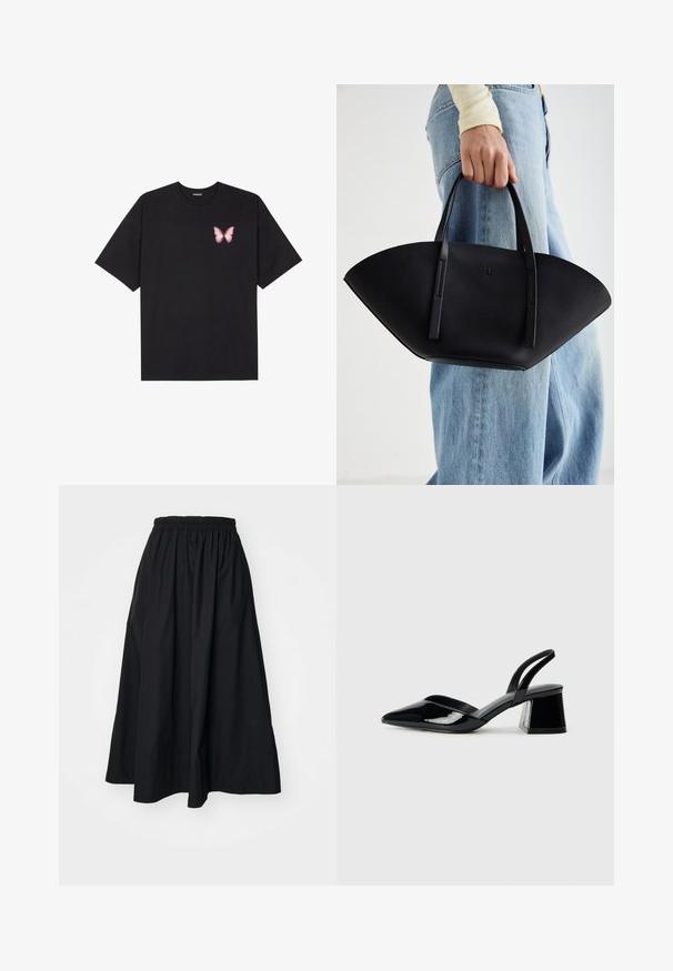 Czarny bawełniany t-shirt z krótkim rękawem, z małym różowym motylkiem na lewej piersi. Klasyczny dekolt z luźnym fasonem.; Czarna bawełniana spódnica midi z elastycznym pasem, o pełnym, zwiewnym kroju i subtelnej fakturowanej powierzchni. Brak widocznych ozdób.; Czarne lakierowane półbuty na obcasie z wydłużonym noskiem i geometrycznym słupkiem. Charakteryzują się eleganckim, minimalistycznym designem oraz gładką fakturą.; Czarna skórzana torebka w unikalnym kształcie wachlarza, z płaskimi uchwytami. Powierzchnia ma fakturę kamyków i minimalistyczny design.