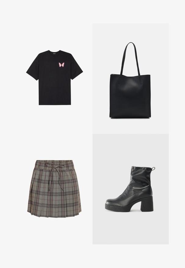 Must muströöpidega must puuvillane T-särk, vasakul rinnal on väike roosa liblikas. Ümar kaelus ja vabalt istuv lõige.; Ruuduline seelik elastse vöökoha ja reguleeritava nööriga. Omab helehallil taustal musta ja punase ruudulist mustrit.; Mustad mustad ansapüksid, mis on valmistatud siledast nahast, külje zipperiga, paksu tekstuuriga kontsaga ja ümmarguse nina disainiga.; Mustast nahast kott sujuva tekstuuriga, ristkülikukujuline ja kahe pika sangaga. Pole nähtavat riistvara ega kaunistusi.