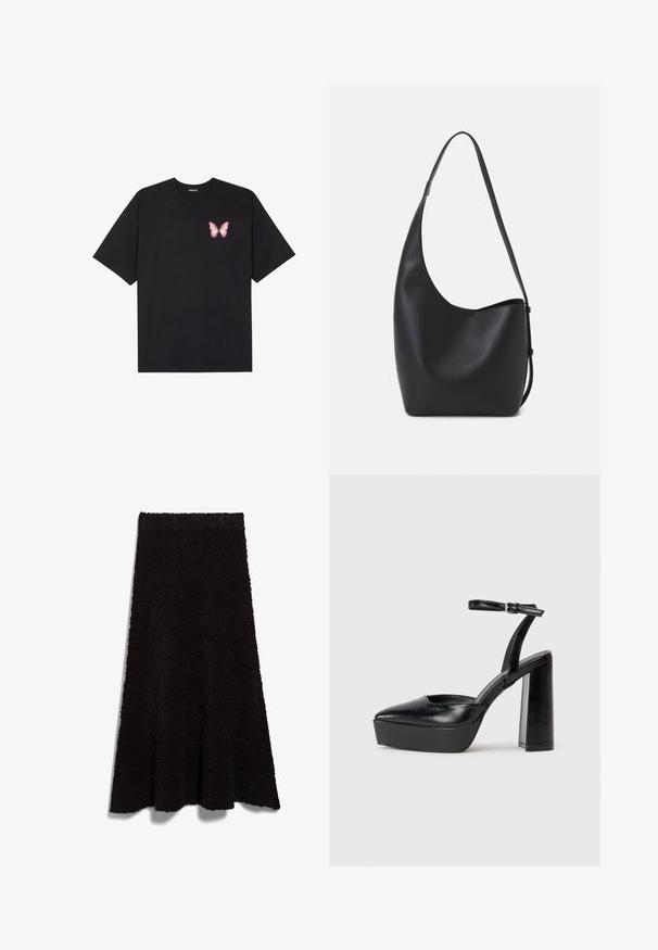 Svart bomulls T-skjorte med korte ermer, med en liten rosa sommerfugl grafikk på venstre bryst. Crew-neck design med en avslappet passform.; Svart, puffy stoffskjørt med A-linjeform og rå kant. Teksturen ser myk og koselig ut, passende for hverdagsbruk eller lagdeling.; Sorte plattformhelter med spiss tå og justerbar ankelrem. Laget av glatt lær, med en robust blokkhel.; Svart lær hobo-veske med glatt tekstur, buet form og enkelt justerbart stropp; har en bred åpning på toppen.