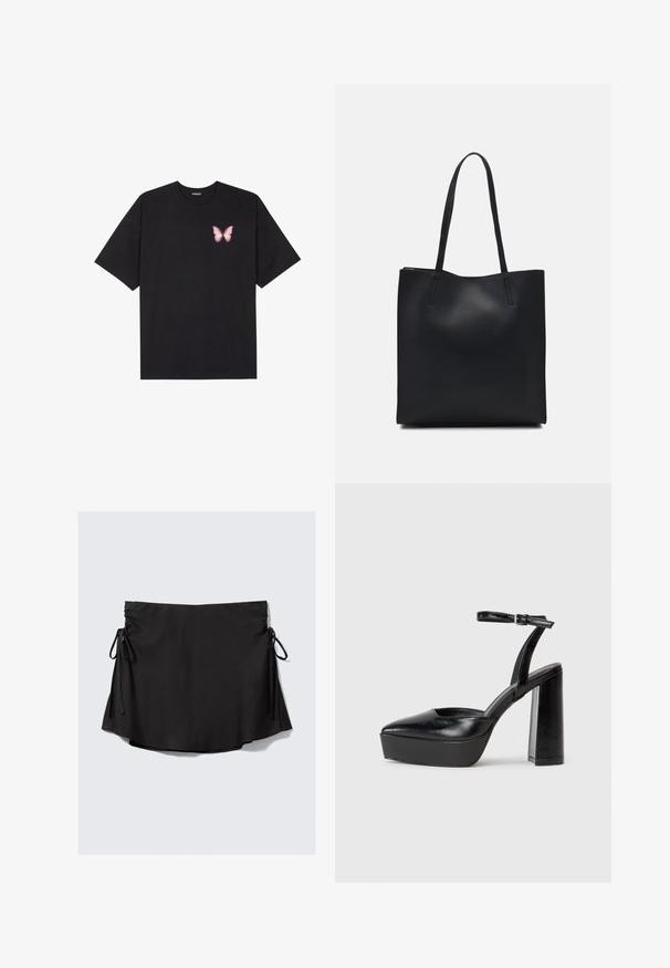 Tricou negru din bumbac cu mâneci scurte, având pe partea stângă a pieptului un mic grafic cu un fluture roz. Design cu guler rotund și croială lejeră.; Fustă neagră cu o textură netedă, cu cusături ajustabile pe fiecare parte, tiv ușor evazat și material ușor.; Pantofi cu toc platformă negri, cu vârful ascuțit și curea reglabilă la gleznă. Confecționați din piele netedă, având un toc gros.; Geantă tote neagră din piele, cu textură netedă, formă rectangulară și două mânere lungi. Fără hardware vizibil sau ornamente.