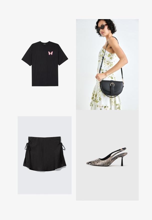 Melna kokvilnas T-krekls ar īsām piedurknēm, kuram priekšā kreisajā pusē ir neliels rozā tauriņa grafiskais attēls. Ar apaļu kaklu un brīvā stila piegriezumu.; Melna svārku ar gludu tekstūru, regulējami saitīši katrā pusē, nedaudz plati apakšmalā un viegls audums.; Punktēti purngalu slingback apavi, kas izgatavoti no teksturētas čūsku drukas materiāla, ar plānu melnu papēdi un izgriezumu dizainu sānos.; Melnas ādas rokassoma ar izliekta formu, noņemamu siksnu un zelta aksesuāriem. Somai ir vāciņš ar sprādzes detaļu.