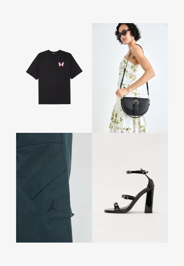 Schwarzes Baumwoll-T-Shirt mit kurzen Ärmeln, das ein kleines pinkes Schmetterlingsmotiv auf der linken Brust zeigt. Crewneck-Design mit einem entspannten Schnitt.; Dunkelgrüne Cargo-Hosen mit matter Textur und schrägem Taschenlayout. Mit einem schwarzen Jumpman-Logo und sichtbaren Nähdetails.; Schwarze patentierte Sandalen mit Absatz, quadratischer Spitze, Knöchelriemen und silbernen Schnallen. Mit einem stabilen Blockabsatz für mehr Stabilität.; Schwarze Lederhandtasche mit geschwungener Form, abnehmbarem Tragegurt und goldenen Beschlägen. Die Tasche verfügt über einen Deckel mit einer Schnallen-Details.